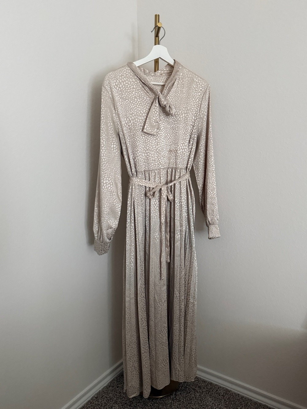 SHEIN Taupe Tie-Neck Long Sleeve Maxi Dress